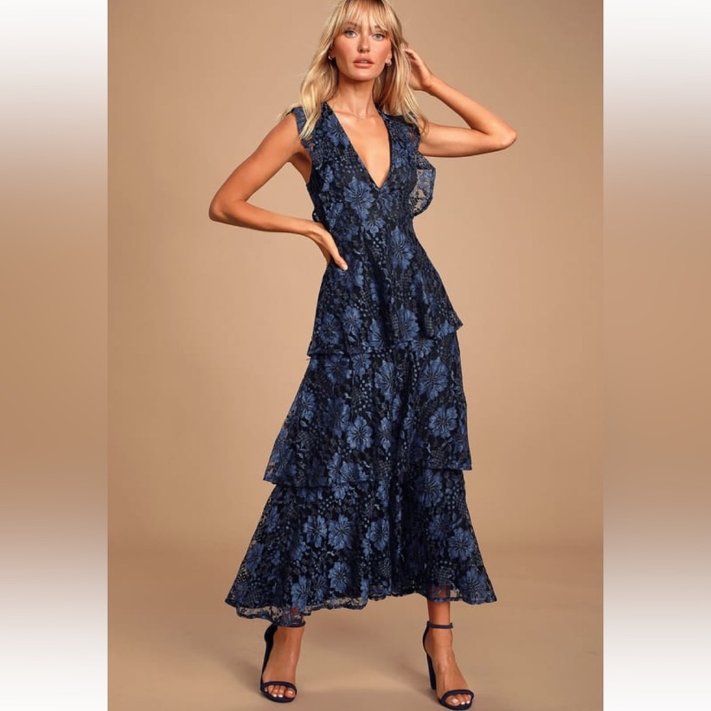 Lulu's Molinetto Blue Black Lace Ruffled Tiered Sleeveless Maxi Dress Small S